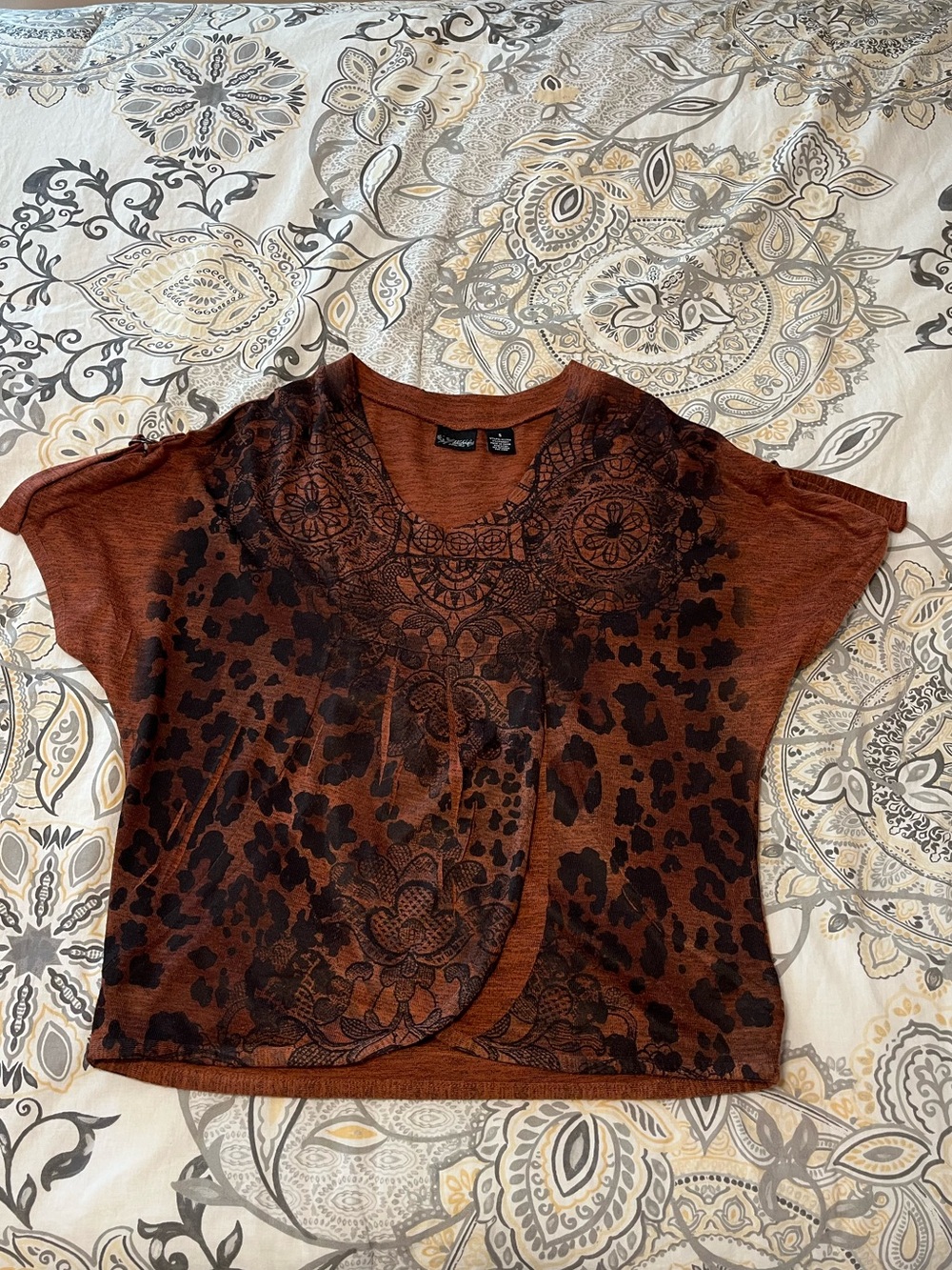 Daytrip Rust Colored Leopard & Floral Print Top - Size S